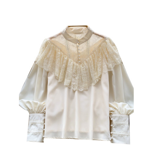 法式溫柔風蕾絲拼接長袖襯衫女氣韓版寬鬆質荷葉邊收腰通勤上衣