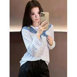 韓系海軍領印花條紋長袖T恤女2026春季新款休閒寬鬆百搭防曬上衣