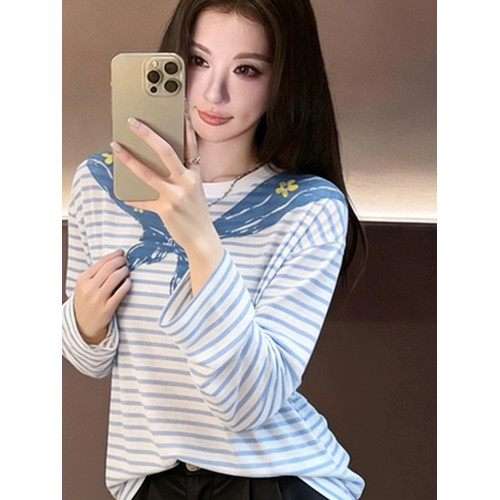 韓系海軍領印花條紋長袖T恤女2026春季新款休閒寬鬆百搭防曬上衣