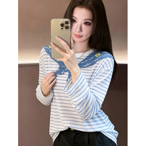 韓系海軍領印花條紋長袖T恤女2026春季新款休閒寬鬆百搭防曬上衣