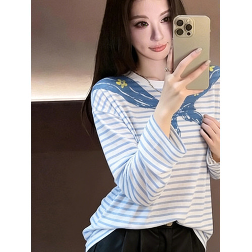 韓系海軍領印花條紋長袖T恤女2026春季新款休閒寬鬆百搭防曬上衣