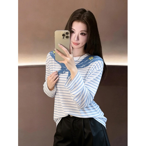 韓系海軍領印花條紋長袖T恤女2026春季新款休閒寬鬆百搭防曬上衣