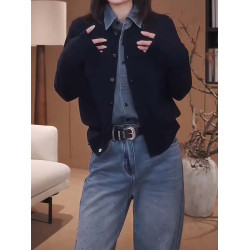 藏青色假兩件拼接牛仔長袖襯衫女春秋新款高級感襯衣開衫外套上衣