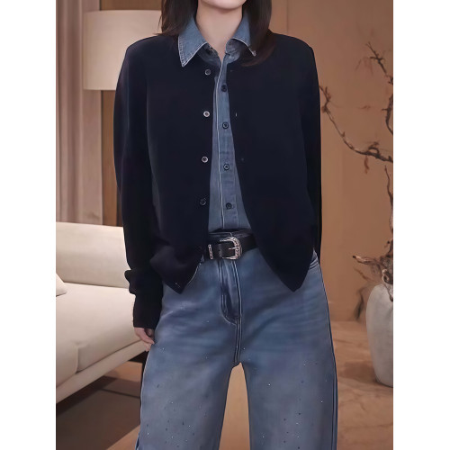 藏青色假兩件拼接牛仔長袖襯衫女春秋新款高級感襯衣開衫外套上衣 藏青色假兩件拼接牛仔長袖襯衫女春秋新款高級感襯衣開衫外套上衣