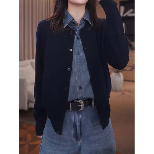 藏青色假兩件拼接牛仔長袖襯衫女春秋新款高級感襯衣開衫外套上衣 藏青色假兩件拼接牛仔長袖襯衫女春秋新款高級感襯衣開衫外套上衣