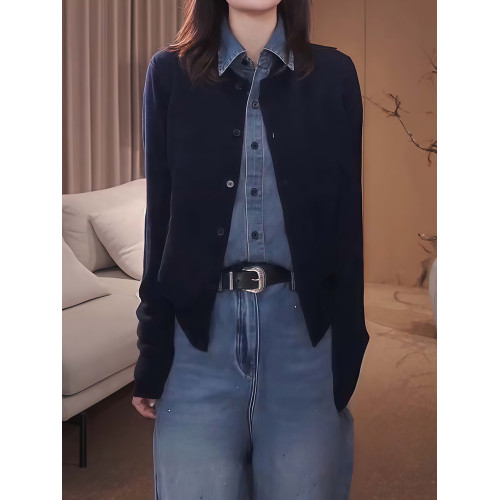 藏青色假兩件拼接牛仔長袖襯衫女春秋新款高級感襯衣開衫外套上衣 藏青色假兩件拼接牛仔長袖襯衫女春秋新款高級感襯衣開衫外套上衣