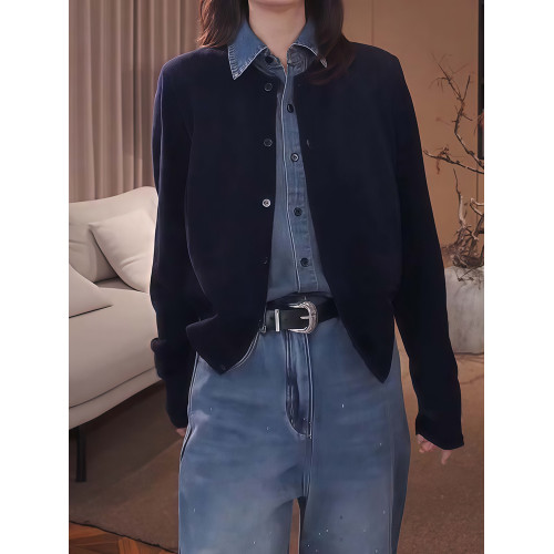 藏青色假兩件拼接牛仔長袖襯衫女春秋新款高級感襯衣開衫外套上衣 藏青色假兩件拼接牛仔長袖襯衫女春秋新款高級感襯衣開衫外套上衣