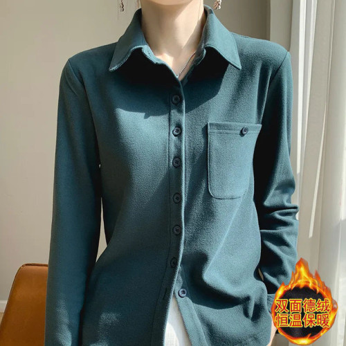 雙面德絨襯衫女秋冬季加厚疊穿長袖襯衣純色保暖磨毛打底加絨上衣