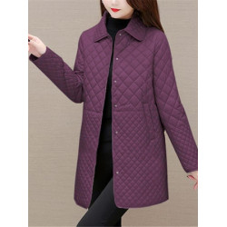 大碼菱形格子夾棉薄外套女春秋新款中年媽媽裝寬鬆中長款棉服棉襖