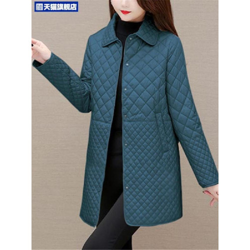 大碼菱形格子夾棉薄外套女春秋新款中年媽媽裝寬鬆中長款棉服棉襖