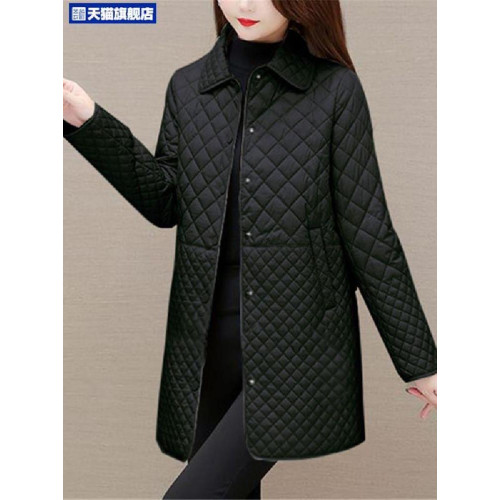 大碼菱形格子夾棉薄外套女春秋新款中年媽媽裝寬鬆中長款棉服棉襖