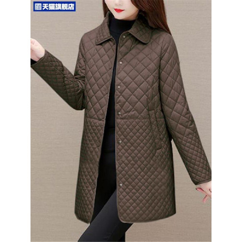 大碼菱形格子夾棉薄外套女春秋新款中年媽媽裝寬鬆中長款棉服棉襖