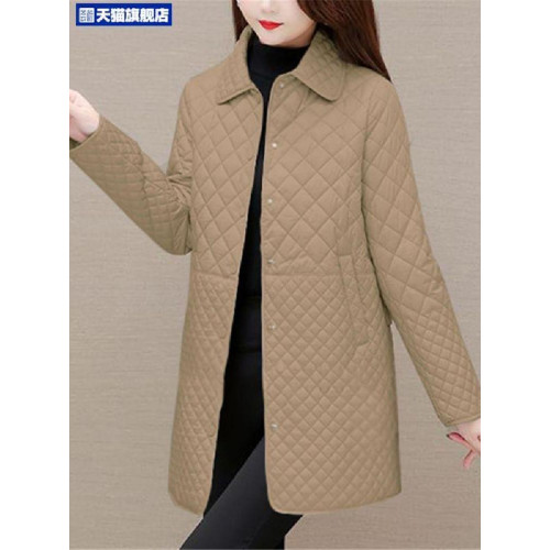 大碼菱形格子夾棉薄外套女春秋新款中年媽媽裝寬鬆中長款棉服棉襖