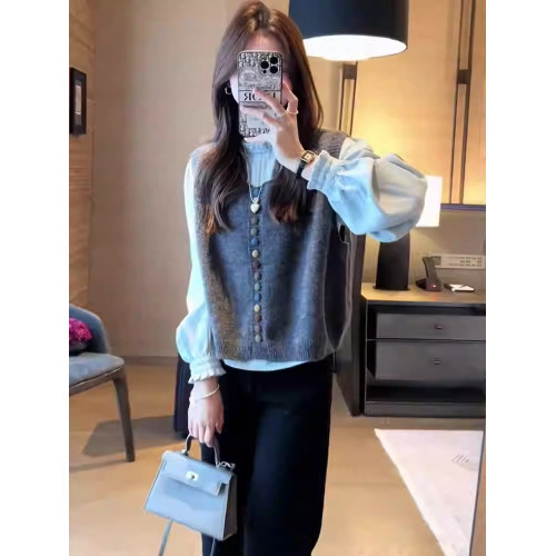 2025秋季新款學院風軟糯針織馬甲女搭泡泡袖內搭襯衣上衣兩件套裝