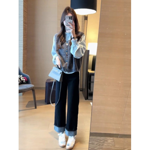 2025秋季新款學院風軟糯針織馬甲女搭泡泡袖內搭襯衣上衣兩件套裝