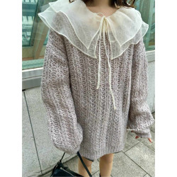 kas 雙層領系帶荷葉邊 日系曡穿 純色單排釦紗上衣