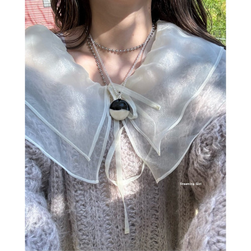 kas 雙層領系帶荷葉邊 日系曡穿 純色單排釦紗上衣