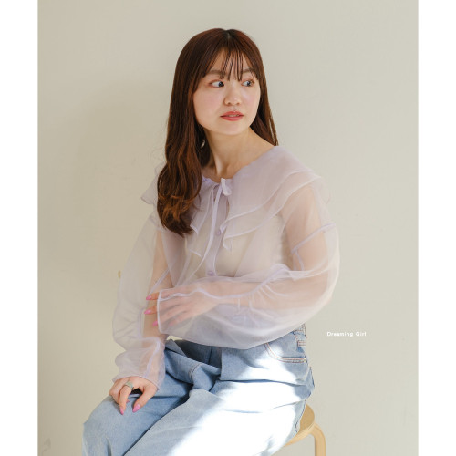 kas 雙層領系帶荷葉邊 日系曡穿 純色單排釦紗上衣