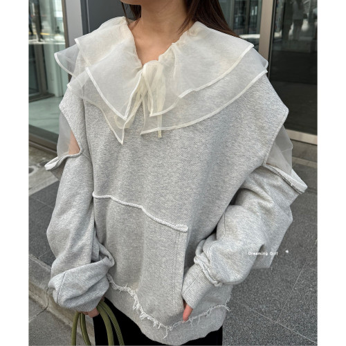 kas 雙層領系帶荷葉邊 日系曡穿 純色單排釦紗上衣