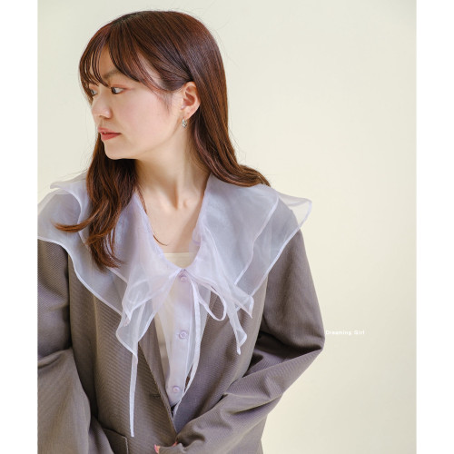 kas 雙層領系帶荷葉邊 日系曡穿 純色單排釦紗上衣