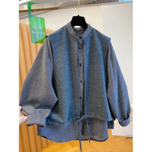 長袖襯衫女2026春秋新款胖妹妹馬甲拼接格子假兩件上衣襯衣高級感