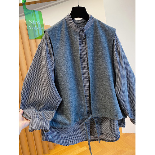 長袖襯衫女2026春秋新款胖妹妹馬甲拼接格子假兩件上衣襯衣高級感