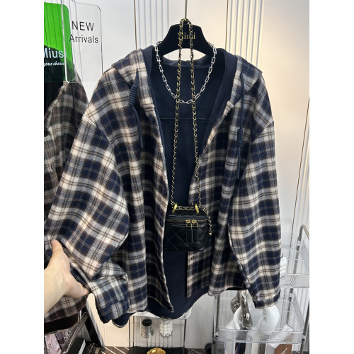 2025超火加絨連帽格子襯衫女休閒寬鬆慵懶風加厚磨毛襯衣外套秋冬