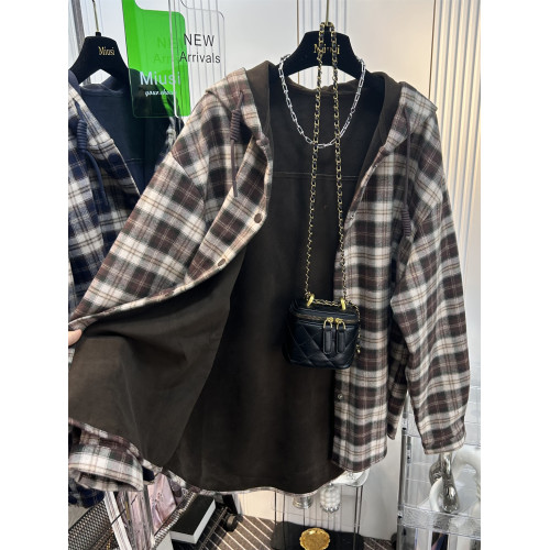 2025超火加絨連帽格子襯衫女休閒寬鬆慵懶風加厚磨毛襯衣外套秋冬