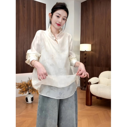 大碼新中式國風旗袍領一粒釦長袖襯衫女早春新款胖mm顯瘦打底上衣