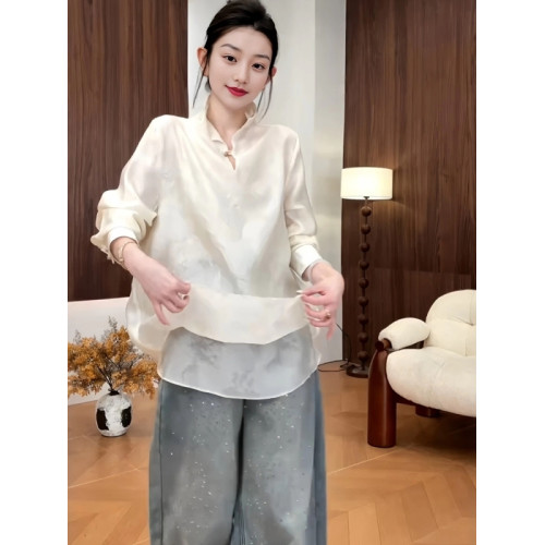 大碼新中式國風旗袍領一粒釦長袖襯衫女早春新款胖mm顯瘦打底上衣