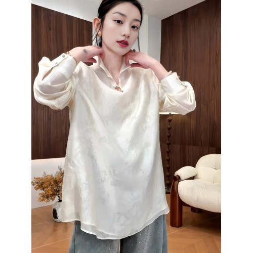 大碼新中式國風旗袍領一粒釦長袖襯衫女早春新款胖mm顯瘦打底上衣