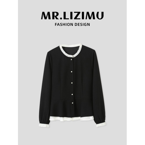 李子木拼接木耳領襯衫女2025秋季新款長袖寬鬆休閒百搭減齡上衣