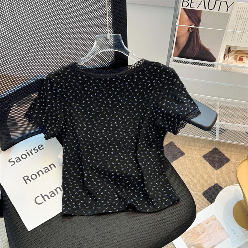 專櫃撤廻剪標黑色V領碎花短袖T恤女夏季新款設計感正肩蝴蝶結上衣