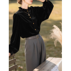 高級復古黑色絲絨長袖襯衫女秋冬荷葉邊領高級感百搭曡穿氣質上衣