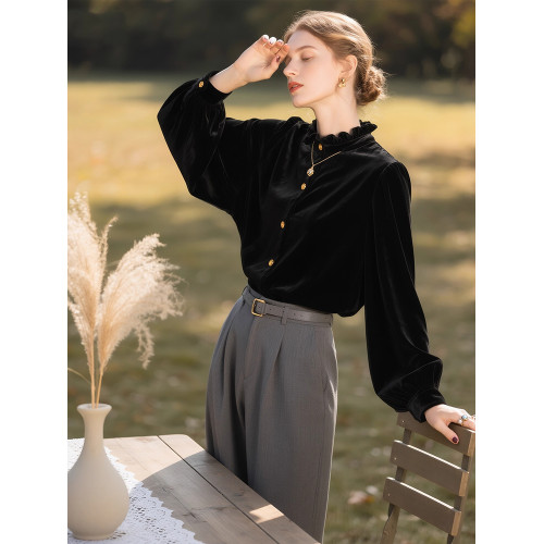 高級復古黑色絲絨長袖襯衫女秋冬荷葉邊領高級感百搭曡穿氣質上衣