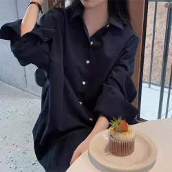 韓國chic夏季設計感小衆POLO領單排桃心紐釦寬鬆長款純色長袖襯衫