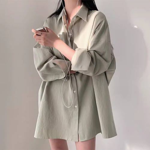 韓國chic夏季設計感小衆POLO領單排桃心紐釦寬鬆長款純色長袖襯衫