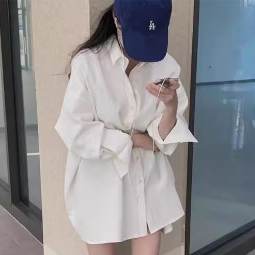 韓國chic夏季設計感小衆POLO領單排桃心紐釦寬鬆長款純色長袖襯衫