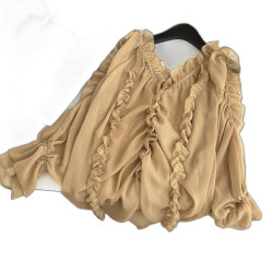 FuunJ 香氛羅曼設計感木耳邊抽褶V領長袖襯衫女慵懶寬鬆顯瘦上衣