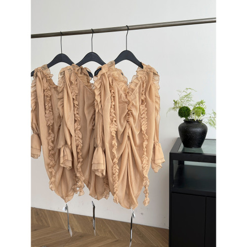 FuunJ 香氛羅曼設計感木耳邊抽褶V領長袖襯衫女慵懶寬鬆顯瘦上衣