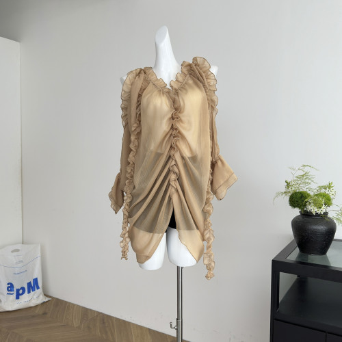 FuunJ 香氛羅曼設計感木耳邊抽褶V領長袖襯衫女慵懶寬鬆顯瘦上衣