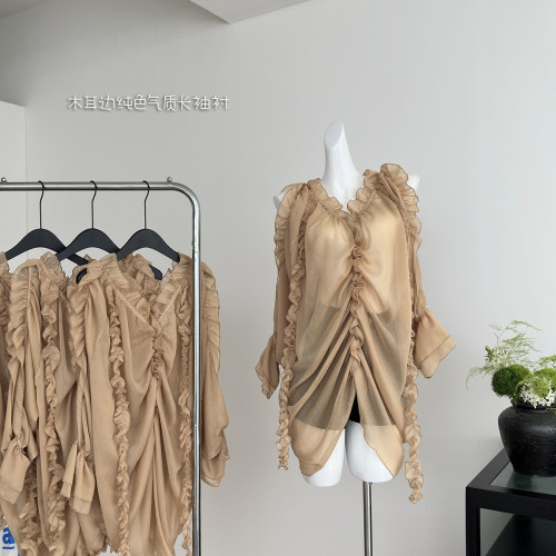 FuunJ 香氛羅曼設計感木耳邊抽褶V領長袖襯衫女慵懶寬鬆顯瘦上衣