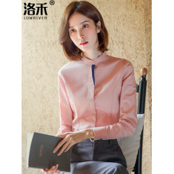 洛禾設計感小衆白色立領職業襯衫女長袖2025春裝新款撞色拼接襯衣