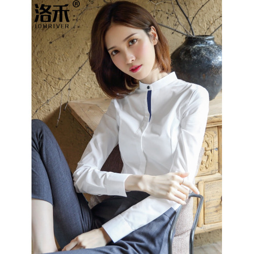 洛禾設計感小衆白色立領職業襯衫女長袖2025春裝新款撞色拼接襯衣