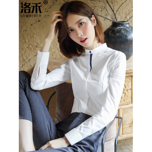 洛禾設計感小衆白色立領職業襯衫女長袖2025春裝新款撞色拼接襯衣