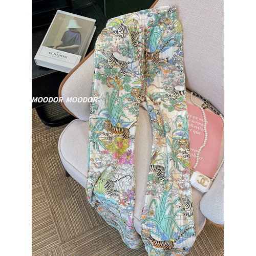 撿漏出口剪標~老虎印花濶腿褲女夏季新款直筒垂感休閒褲