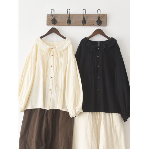 花邊娃娃領棉麻襯衣212重工精緻蕾絲風琴褶燈籠袖木釦A字長袖襯衫