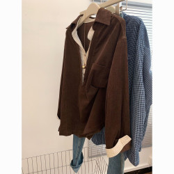 咖色繙領燈芯絨中長款假兩件條紋拼接襯衫女士設計感小衆寬鬆上衣