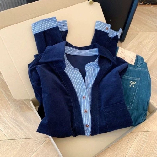 咖色繙領燈芯絨中長款假兩件條紋拼接襯衫女士設計感小衆寬鬆上衣