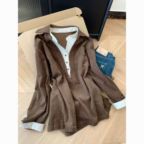 咖色繙領燈芯絨中長款假兩件條紋拼接襯衫女士設計感小衆寬鬆上衣